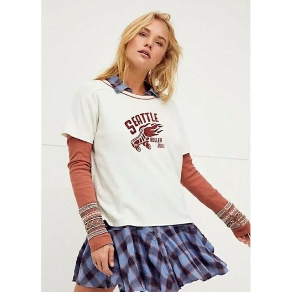 NEW FREE PEOPLE Sz M FOR THE LOVE OF GEO TWOFER EMBELLISHED GRAPHIC THERMAL TOP